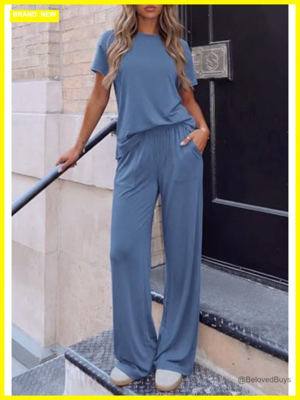 2 Piece Lounge Set Short Sleeve Top Wide Leg Pants Travel Outfit - Picture 2 of 7